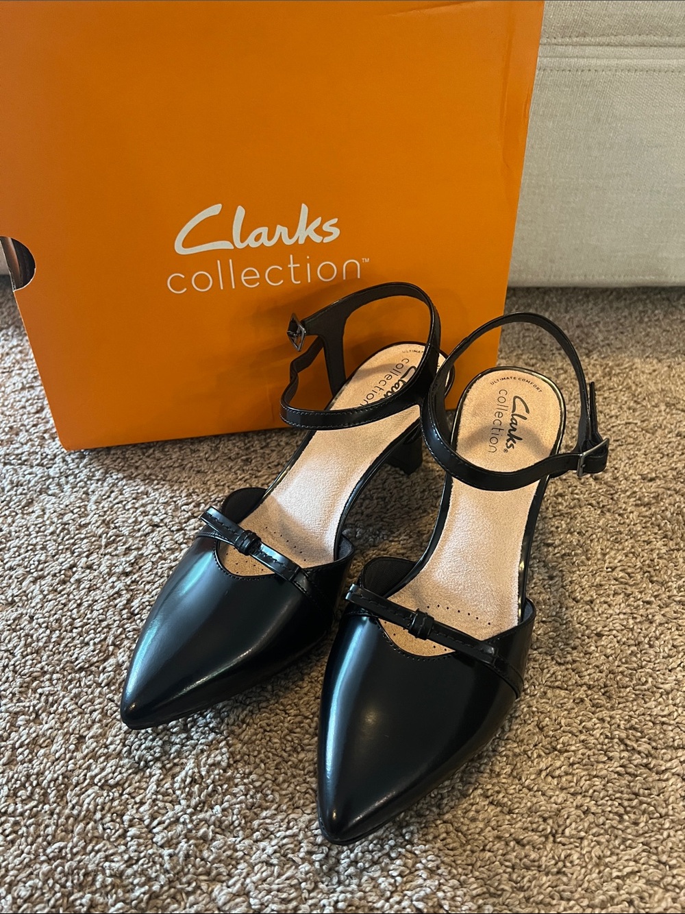 Clarks Black Patent Pointed Toe Slingback Heels